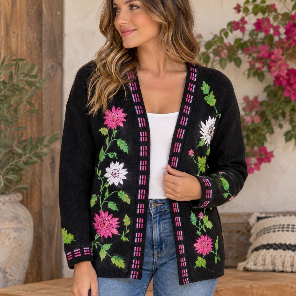 Storybook Knits Cardigan | Embroidery Floral Art | Black, Pink, White | size M